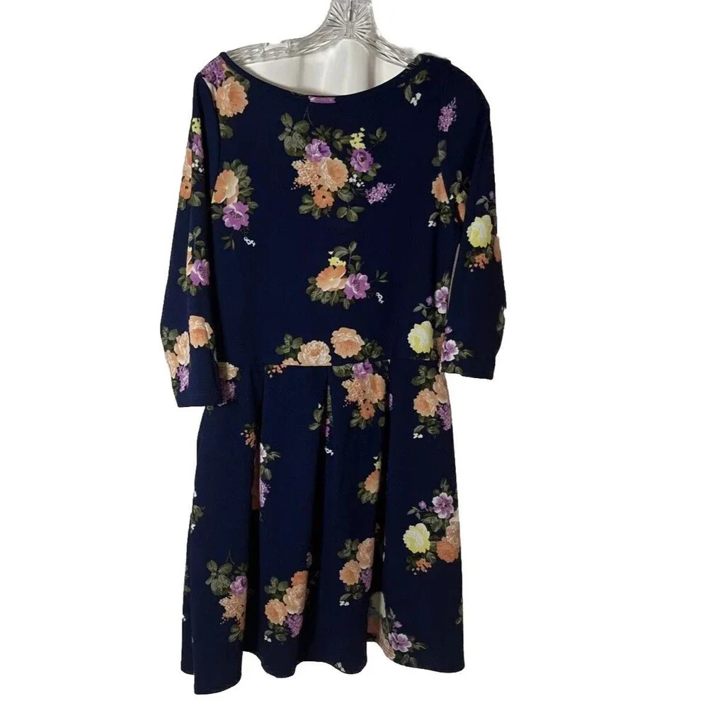 24seven Comfort Apparel Women’s Floral Navy Blue Fit&Flare Dress Size L Boho